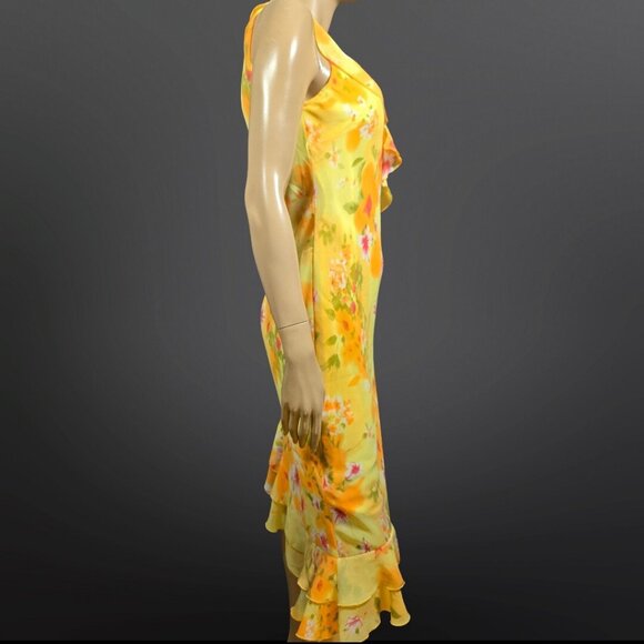 Y2K Tango Mango Yellow Floral Ruffled Dress Size S Asymmetric Hem Fairy - Picture 9 of 11